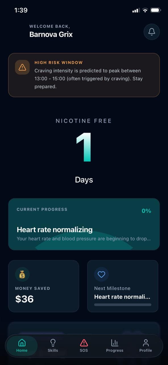 Unhooked App Home Screen showing 1 Day Nicotine Free streak and normalized heart rate