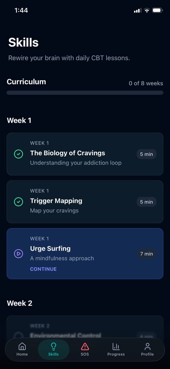 Unhooked app screenshot — 8-Week Evidence-Based CBT Curriculum
