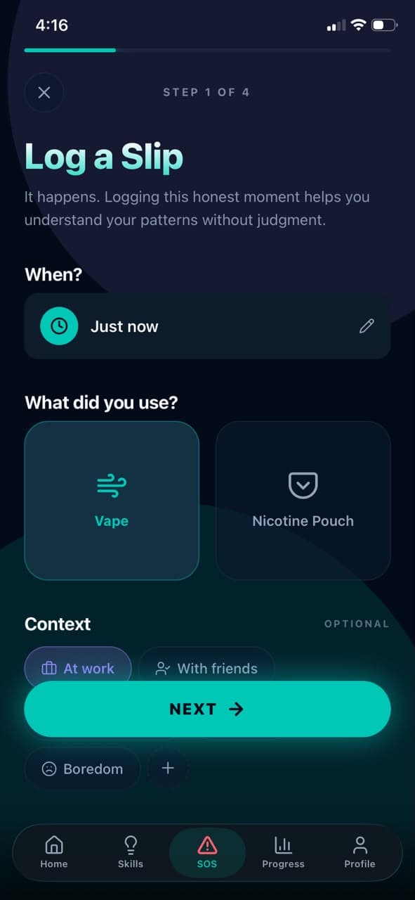 Unhooked app screenshot — No-Judgment Slip Logging